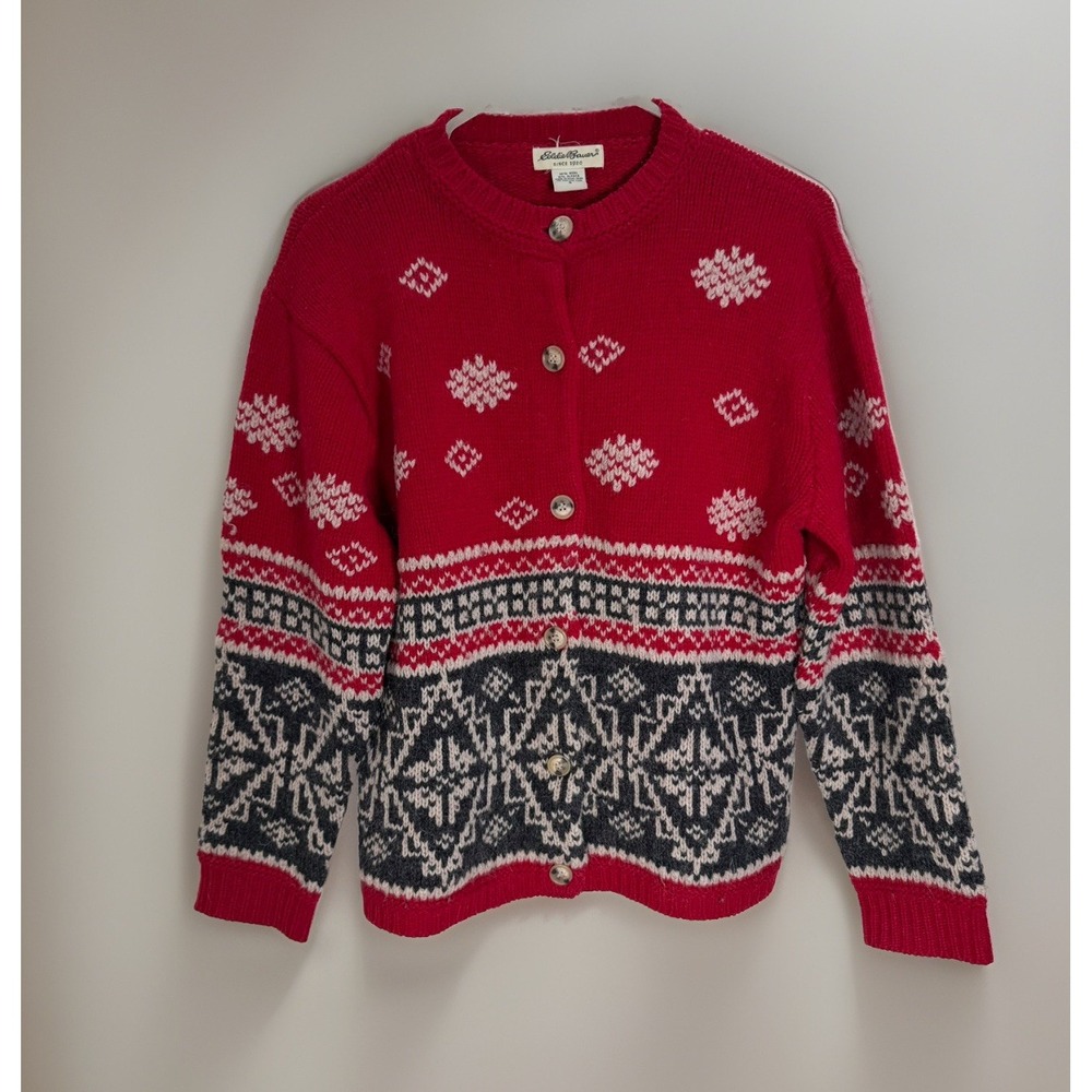 Vintage Eddie Bauer Sweater Womens Wool Alpaca Fair Isle Cardigan Red Sz Small